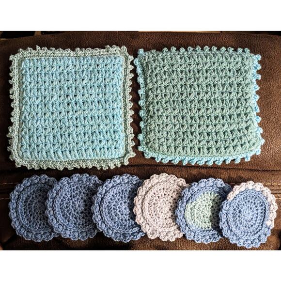 Hand Crocheted 100% Cotton Aqua Teal, Blue Colorblock Potholder Coaster Set - Picture 1 of 10